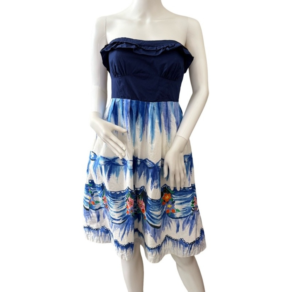 NATHALIE LETE Paris Strapless‎ Dress Ruffle Blue Floral Size 4 Summer Coquette